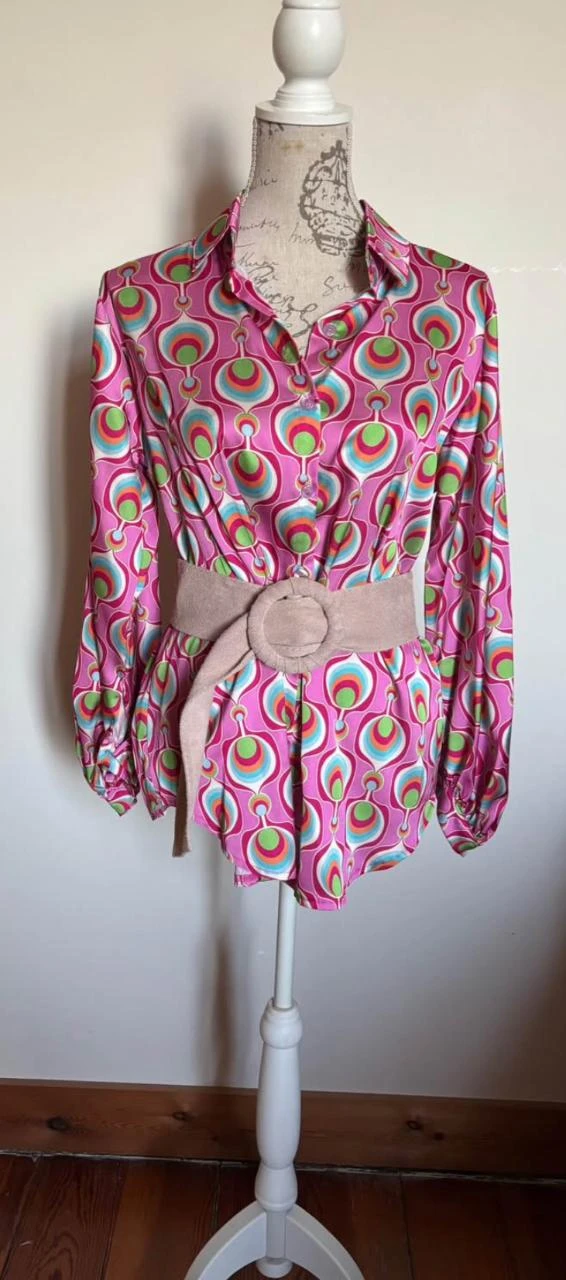 👚 Long satin pink & mint green 70ties blouse with buttons Made in Italy - 44 – photo 4